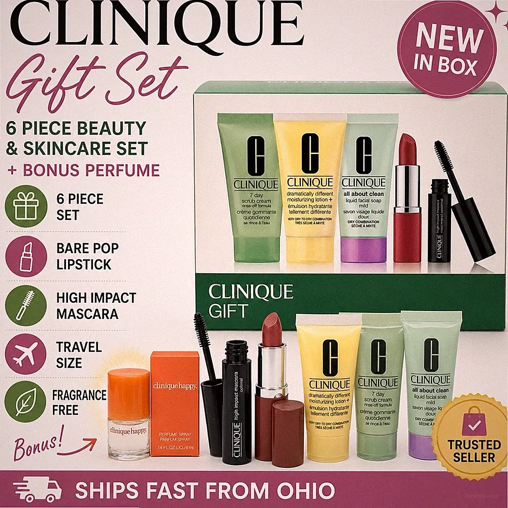 Clinique 5-Pc Gift Set Happy Perfume Bonus Bare Pop Lipstick Skin Care New Boxed