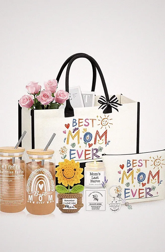 Mother's Day Gift Basket Set for Mom Sunflower Tote Makeup Bag Candle Crochet